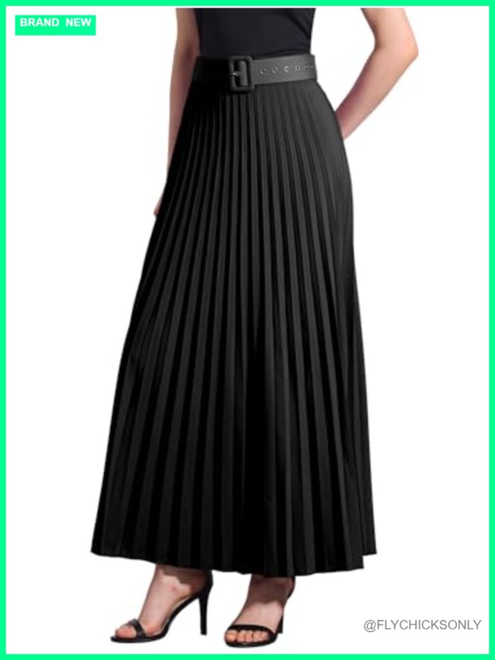 Long Pleated Skirt Elastic High Waist with Belt Swing A-line Work Maxi Skirt